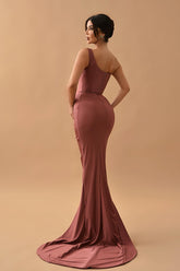 Gorgeous Dusty Rose One-Shoulder Mermaid Prom Dress with Pleats and Split